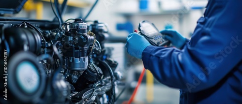 A close-up of a mechanical engineer testing automotive engines in a vehicle testing facility, with dynamometers and diagnostic tools visible, Automotive engine testing scene photo