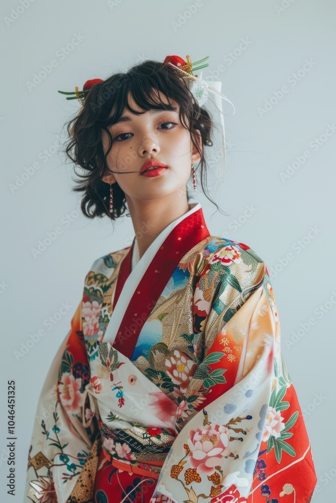 Asian girl in a festive hanbok, posing against a simple white backdrop. Asian girl in a festive hanbok, posing against a simple white backdrop.