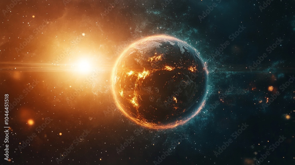 Obraz premium The magnetic field of Earth. Space weather and the Sun-Earth relationship. The magnetosphere is affected by solar magnetic fields and perticle blasts. Earth's magnetic bubble and plasma