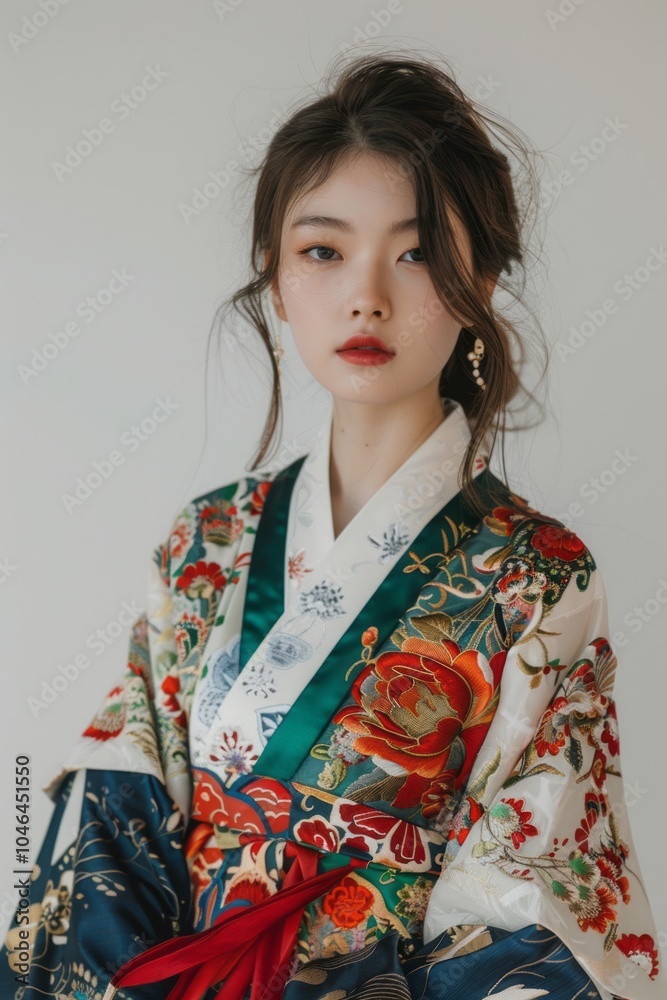Asian girl in a festive hanbok, posing against a simple white backdrop. Asian girl in a festive hanbok, posing against a simple white backdrop.