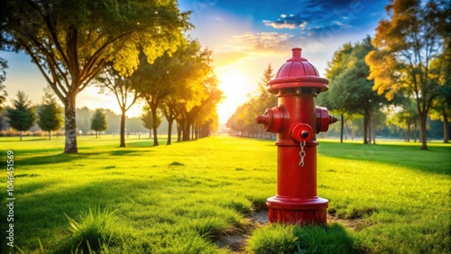 Vibrant Fire Hydrant in Sunlit Park: A Landscape Photography Exploration of Fire Safety and Urban Green Spaces