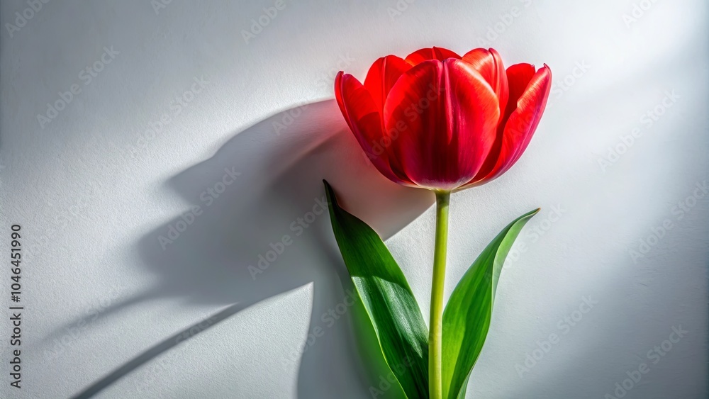 Fototapeta premium A Single Red Tulip Stands Tall Against a Light Background, Its Shadow Dancing Across the Surface, Reflecting a Moment of Serene Beauty