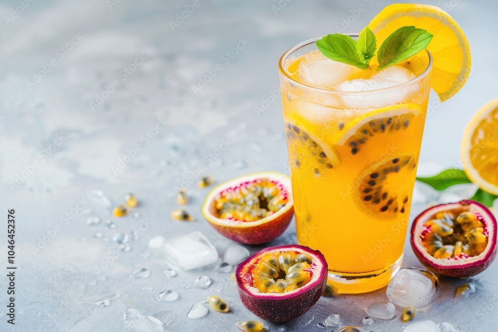 Glass of iced passion fruit soda with lemon and passion fruit slice on a light background a refreshing drink with ice space for text Glass of iced passion fruit soda with lemon and passion fruit slice on a light background a refreshing drink with ice space for text