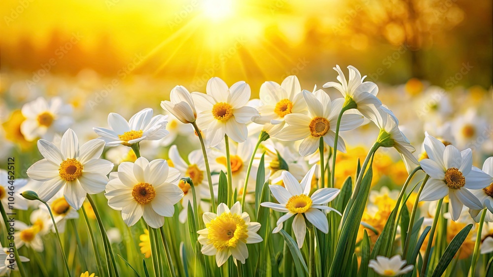 Obraz premium Vibrant White and Yellow Flowers on a Sunny Yellow Background â€“ Panoramic Floral Photography for Bright and Cheerful Decor