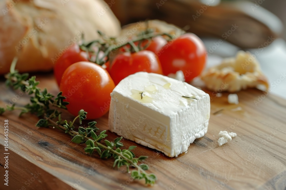 Goat cheese cherry tomato and thyme on wood serving board Goat cheese cherry tomato and thyme on wood serving board