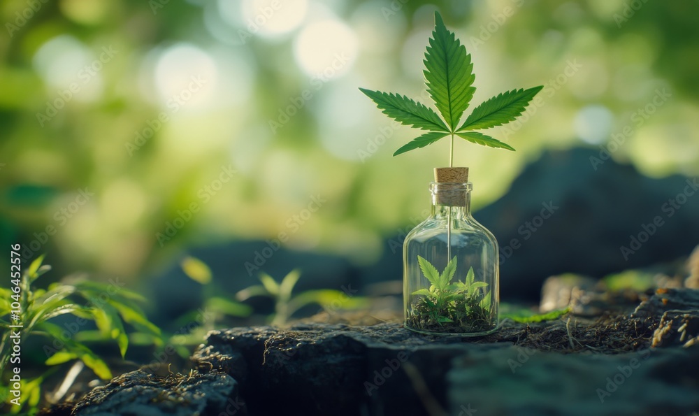 Generative AI picture of bottle with liquid and green leaf of cannabis plant place don ground in nature on sunny day Generative AI picture of bottle with liquid and green leaf of cannabis plant place don ground in nature on sunny day