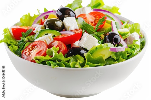 Greek salad in chic white bowl with goat s cheese kalamata olives cherry tomatoes red onion bell peppers and lettuce photo