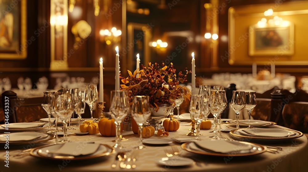 A luxurious table setting with elegant decor, featuring pumpkins, candles, and autumn foliage, creating a warm and festive atmosphere.. A luxurious table setting with elegant decor, featuring pumpkins, candles, and autumn foliage, creating a warm and festive atmosphere..