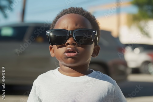 Young child wearing oversized sunglasses stands confidently outdoors in bright sunlight on a warm day