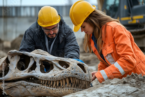 Paleontologist and construction worker examining dinosaur fossil discovered during excavation, urban development meets prehistory photo