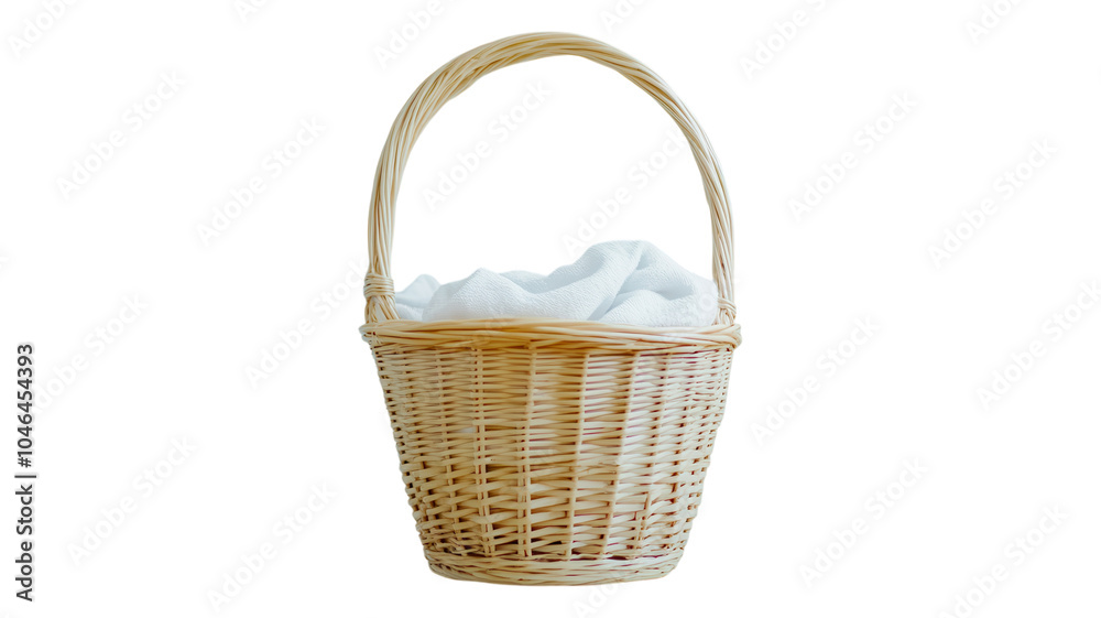 Woven basket filled with clean towels set against a transparent background for versatile use in home or decorative settings.