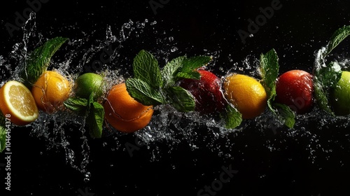 A dynamic composition showcasing colorful citrus fruits splashing into water, surrounded by mint leaves, highlighting freshness and vitality.