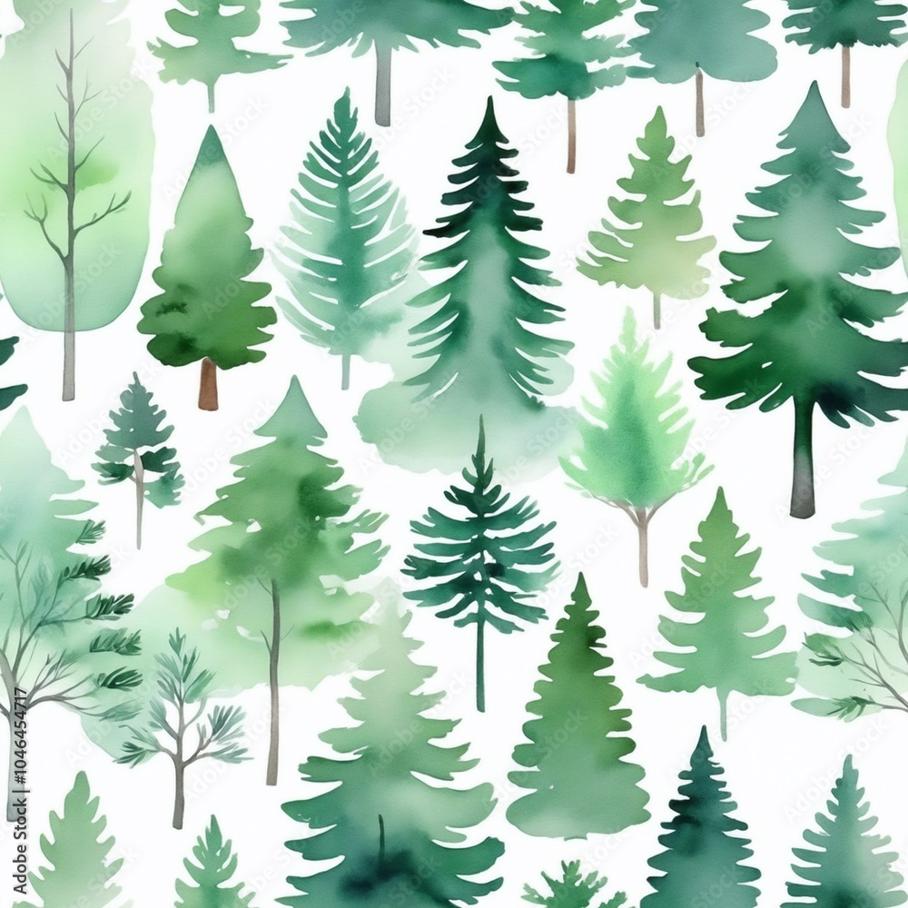 Obraz premium Muted Green Watercolor Evergreen Trees Pattern - Seamless tile