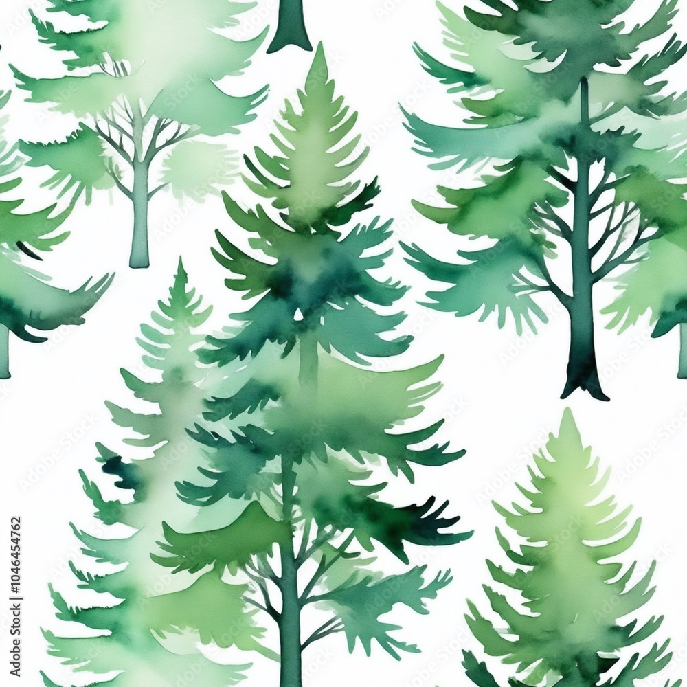 Fototapeta premium Muted Green Watercolor Evergreen Trees Pattern - Seamless tile