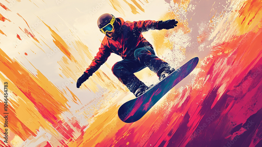 Naklejka premium Snowboarder performs an aerial trick against a vibrant sunset backdrop in winter sport action