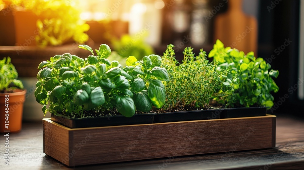 A wooden planter box filled with fresh herbs, including basil, thyme, and mint, sits on a table in front of a window. The sunlight shines through the window, illuminating the plants. A wooden planter box filled with fresh herbs, including basil, thyme, and mint, sits on a table in front of a window. The sunlight shines through the window, illuminating the plants.