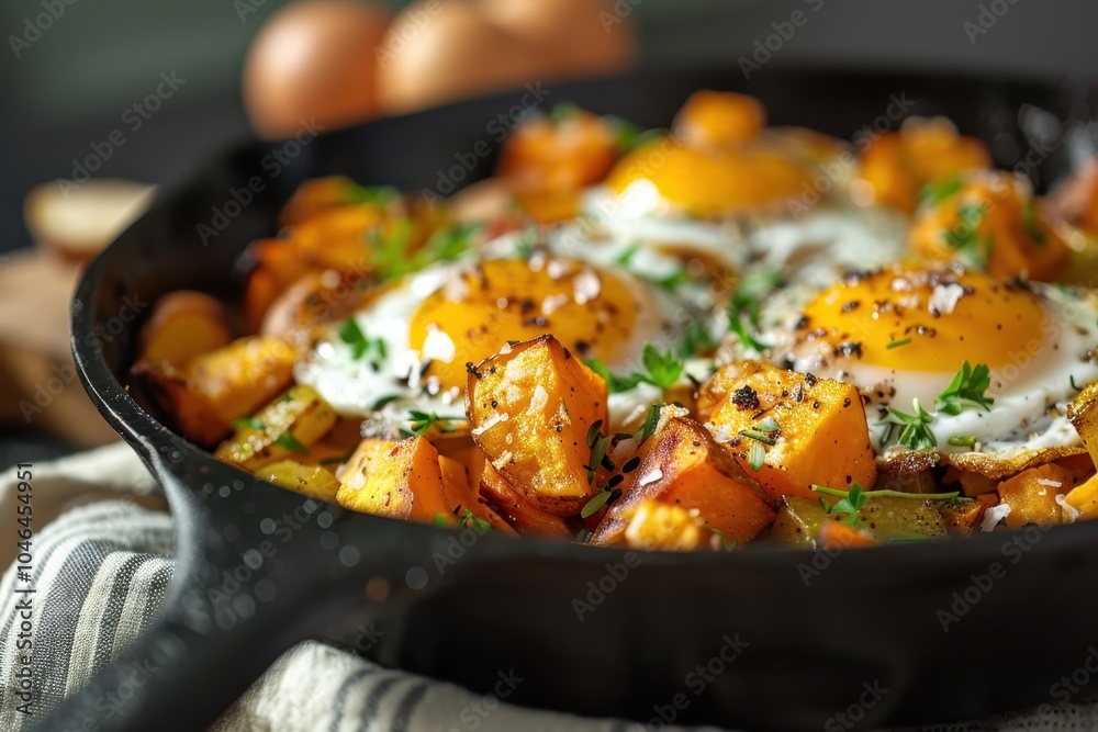 Hash browns with eggs cooked in cast iron skillet Hash browns with eggs cooked in cast iron skillet