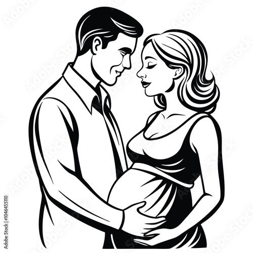 continuous single drawn one line of enamored conjugal pregnant couple romantic love drawn by hand picture silhouette. Line art. character of a pregnant woman with her husband's love