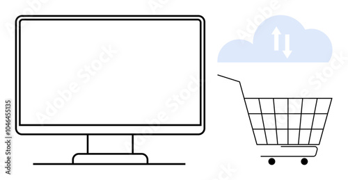 A monitor and shopping cart are outlined in black on a white background. Above the cart is a cloud with data transfer arrows. Ideal for online shopping, cloud computing, e-commerce, digital