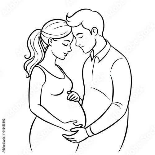 continuous single drawn one line of enamored conjugal pregnant couple romantic love drawn by hand picture silhouette. Line art. character of a pregnant woman with her husband's love