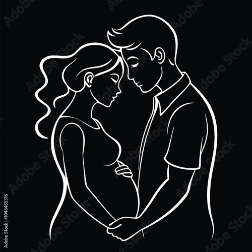 continuous single drawn one line of enamored conjugal pregnant couple romantic love drawn by hand picture silhouette. Line art. character of a pregnant woman with her husband's love