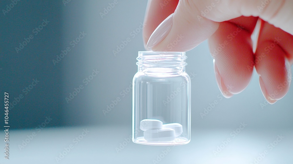 Close-up shot of woman's hand holding a pill from a designer bottle, pharmaceutical product advertisement, white background, professional lighting Close-up shot of woman's hand holding a pill from a designer bottle, pharmaceutical product advertisement, white background, professional lighting