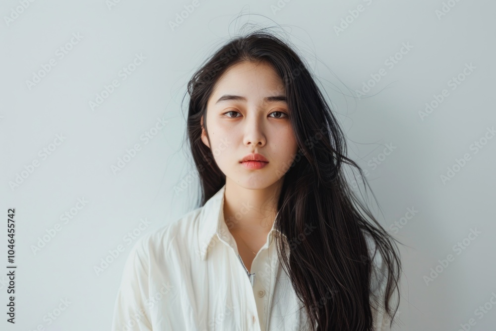 Portrait of a Young Woman with Long Dark Hair in a White Shirt Portrait of a Young Woman with Long Dark Hair in a White Shirt