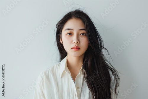 Portrait of a Young Woman with Long Dark Hair in a White Shirt