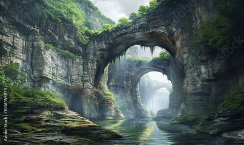 Watercolor Three Natural Bridges (Wulong Karst National Park) is located in Wulong City, Chongqing in China. It is considered one of the most beautiful natural World Heritage photo