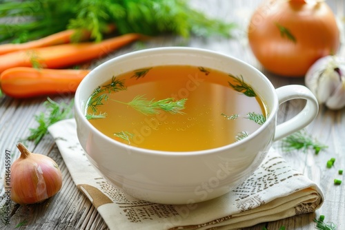 Healthy eating concept with homemade broth in white bowl fresh vegetables Room for text