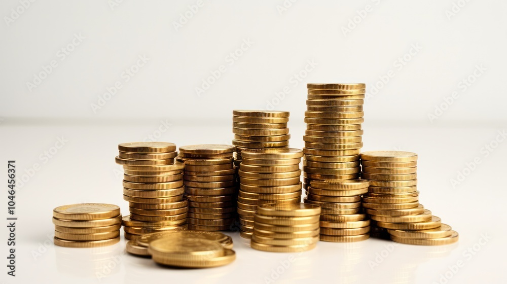 A stack of golden coins growing incrementally from left to right, A stack of golden coins growing incrementally from left to right,