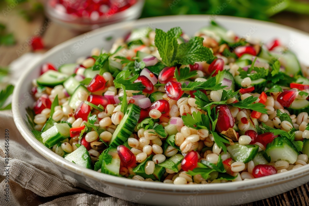 Healthy herb salad with pearl barley pomegranate cucumber herbs and pistachios served on a white plate on a wooden table with cloth napkins Healthy herb salad with pearl barley pomegranate cucumber herbs and pistachios served on a white plate on a wooden table with cloth napkins