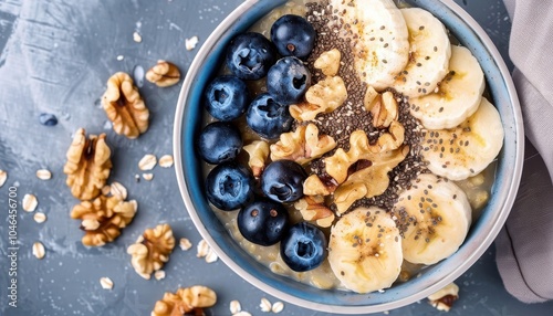 Healthy oatmeal bowl with banana blueberry walnut chia seeds and almond milk for breakfast or lunch with a top view