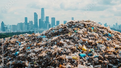 A city skyline in the background of a mountain of plastic waste, symbolizing urban pollution and waste management issues, plastic pollution, urban waste photo