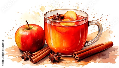 A steaming mug of apple cider, adorned with apple slices, cinnamon sticks, and star anise, captures the essence of the holiday season. Watercolor Illustration. Drawing. Art. 2