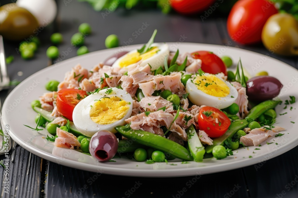 Healthy salad with tuna green beans eggs tomatoes beans olives on a plate Healthy salad with tuna green beans eggs tomatoes beans olives on a plate