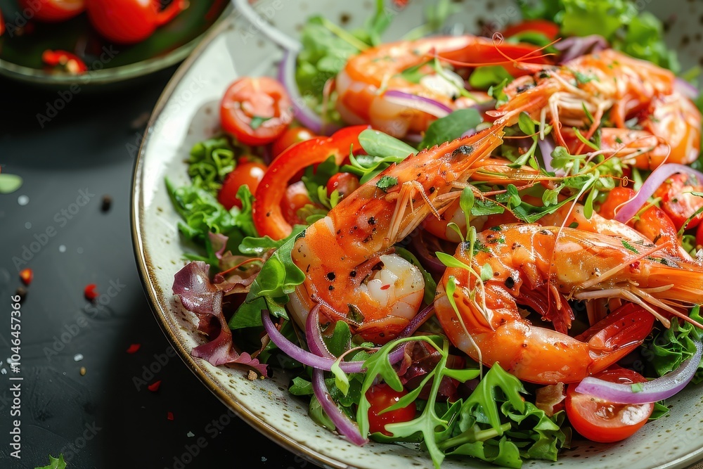 Healthy seafood dish shrimp and king prawns salad with mixed greens and veggies Healthy seafood dish shrimp and king prawns salad with mixed greens and veggies