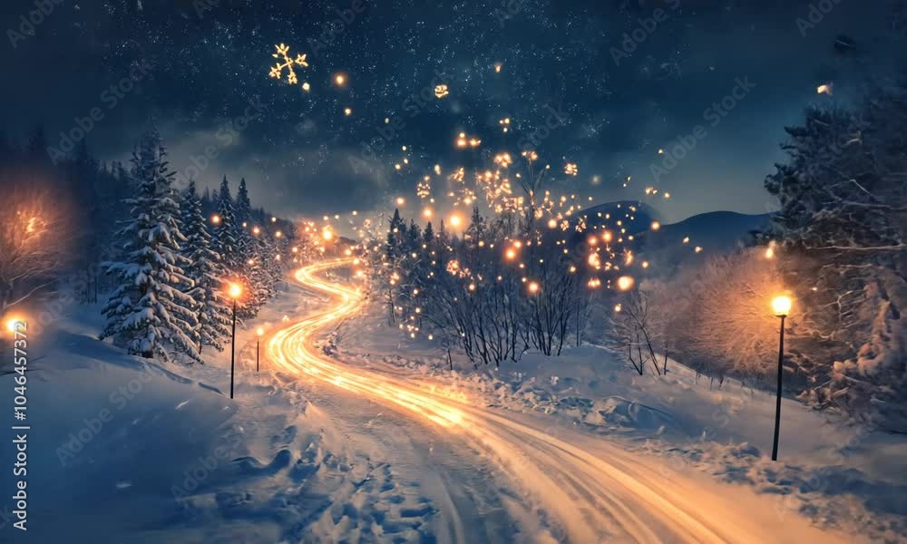 An abstract Christmas night with glowing light trails and twinkling stars, set against a dark, snowy landscape with softly falling snowflakes