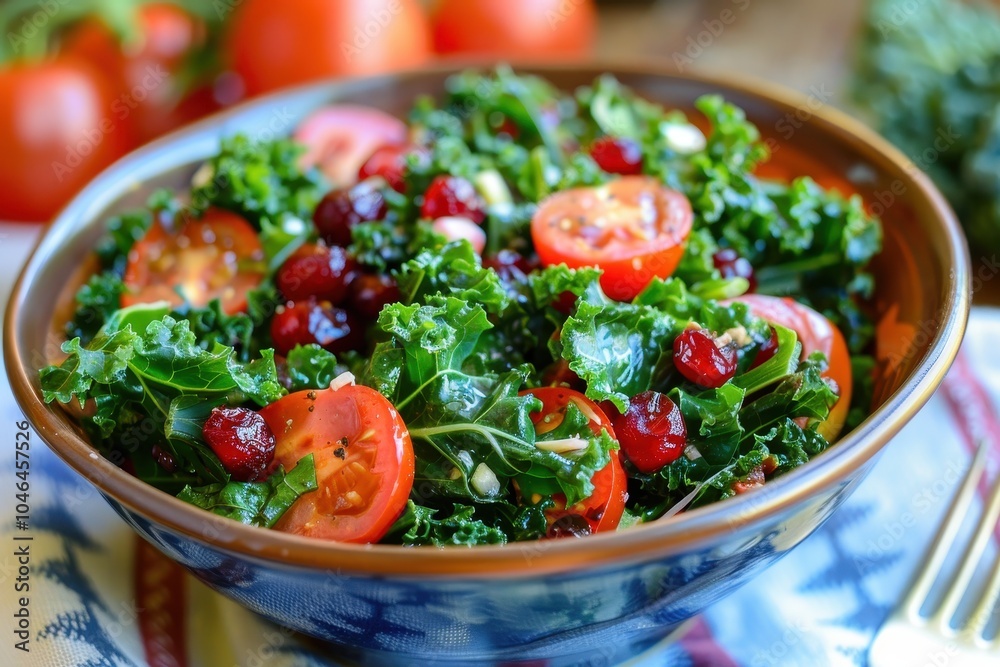 Healthy side dish of Tuscan kale with tomatoes cranberries and garlic Healthy side dish of Tuscan kale with tomatoes cranberries and garlic