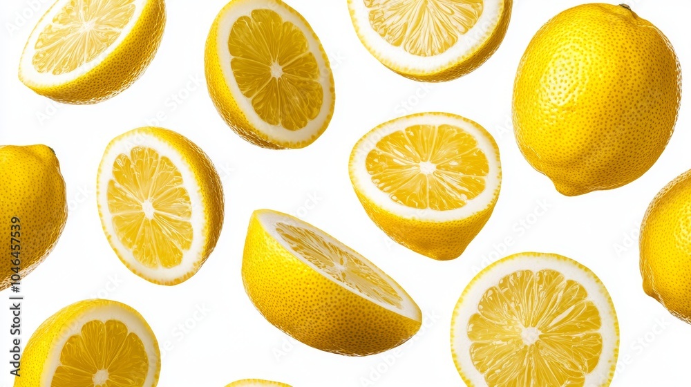 Fototapeta premium A set of freshly sliced, juicy lemons suspended mid-air, their vibrant yellow color contrasted on a clean white background. Each slice reveals glossy citrus texture