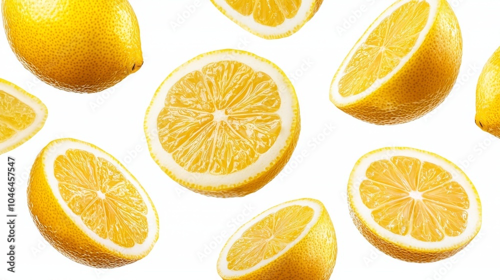 Fototapeta premium A set of freshly sliced, juicy lemons suspended mid-air, their vibrant yellow color contrasted on a clean white background. Each slice reveals glossy citrus texture
