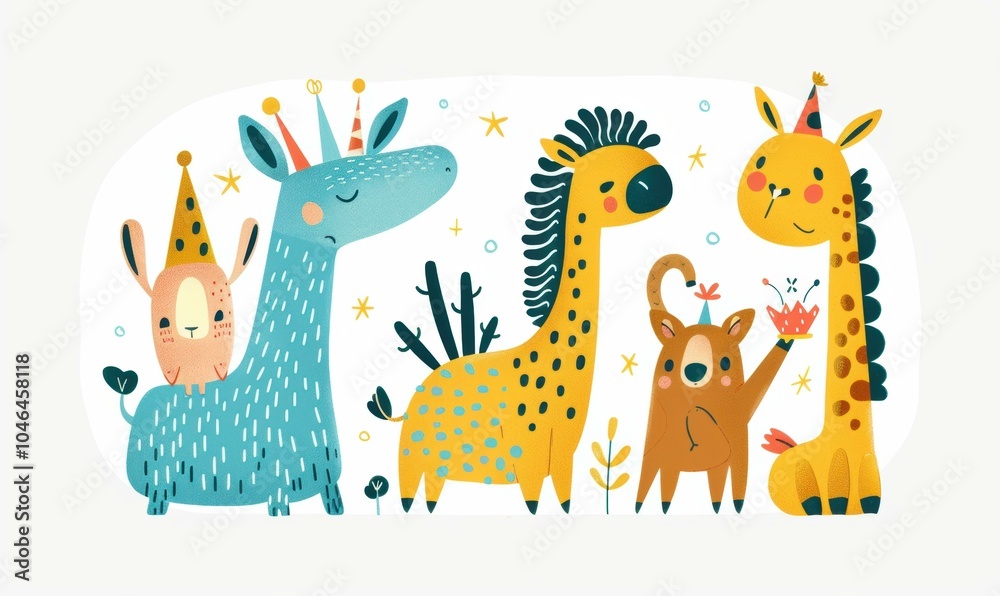 Naklejka premium A group of cute animals wearing party hats. AI.