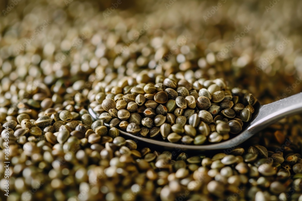 Heap of raw hemp seeds near spoon zoom in Heap of raw hemp seeds near spoon zoom in