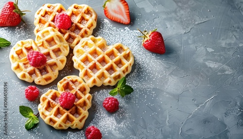 Heart shaped Belgian waffles homemade and freshly baked on a gray background European pastry for St Valentine s breakfast photo