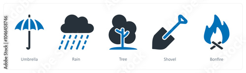 A set of 5 summer and travel icons as umbrella, rain, tree