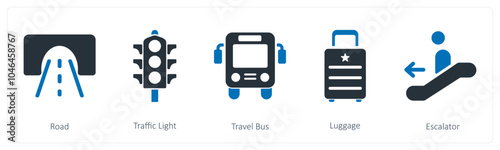 A set of 5 summer and travel icons as road, traffic light, travel bus,