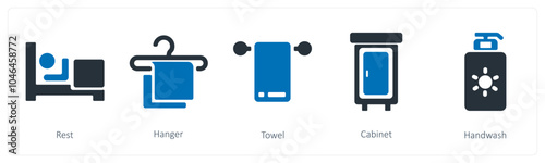 A set of 5 summer and travel icons as rest, hanger, towel