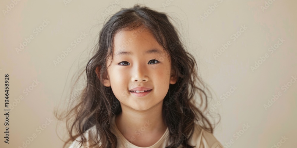 Asian girl smiling, sitting in front of a simple beige background. Asian girl smiling, sitting in front of a simple beige background.