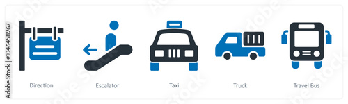 A set of 5 summer and travel icons as direction, escalator, taxi