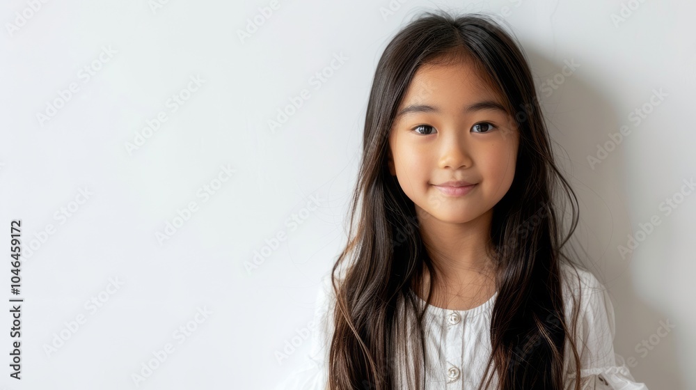 Asian girl standing against a plain white background, smiling softly. Asian girl standing against a plain white background, smiling softly.